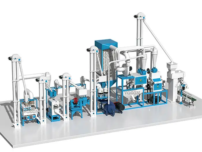 3D view of a complete 10 TPD maize flour production line for industrial grain processing
