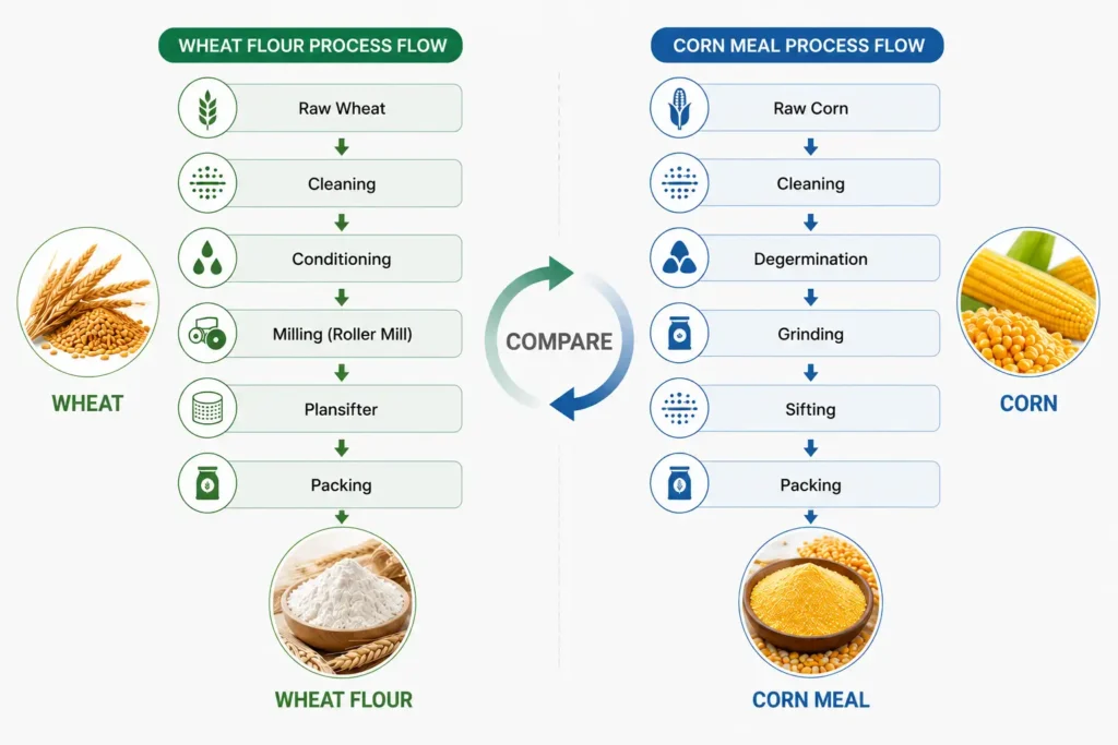 Comparison of wheat flour processing flow and corn meal processing flow, showing the key production steps before evaluating turnkey flour mill plant quotations.