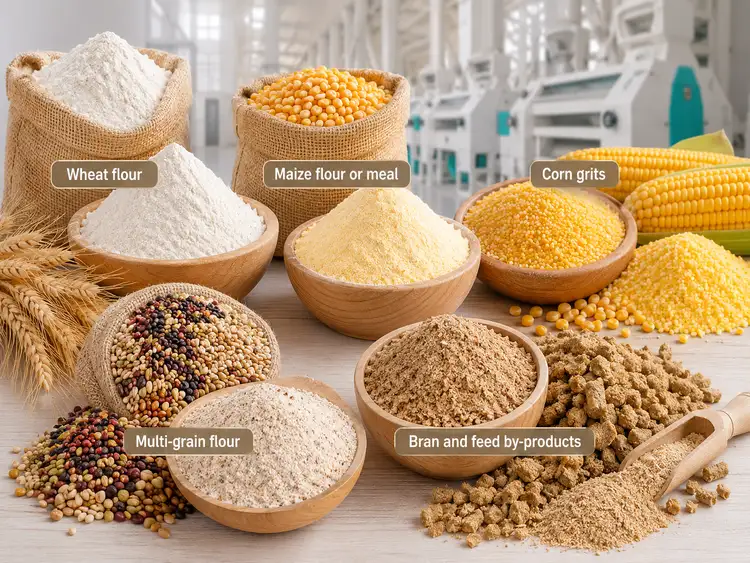 Commercial grain processing products including wheat flour, maize flour, corn grits, multi-grain flour, bran and feed by-products