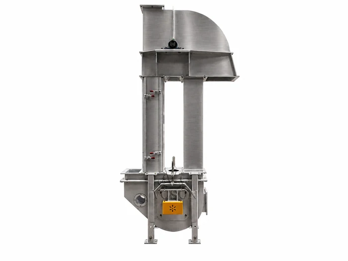 Enclosed stainless steel bucket elevator for vertical grain conveying