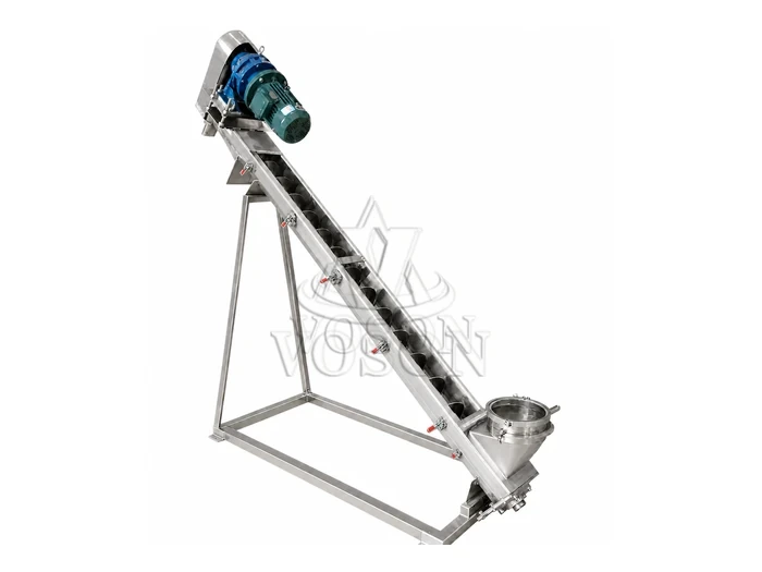 Inclined Stainless Steel Screw Conveyor Inclined stainless steel screw conveyor with feed hopper and support frame