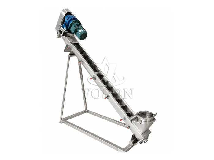 Inclined Stainless Steel Screw Conveyor Inclined stainless steel screw conveyor with feed hopper and support frame